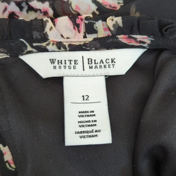 WHBM Black Ruffle Trim Floral Overlay Long Sleeve Keyhole Blouse Size 12 - Picture 8 of 9